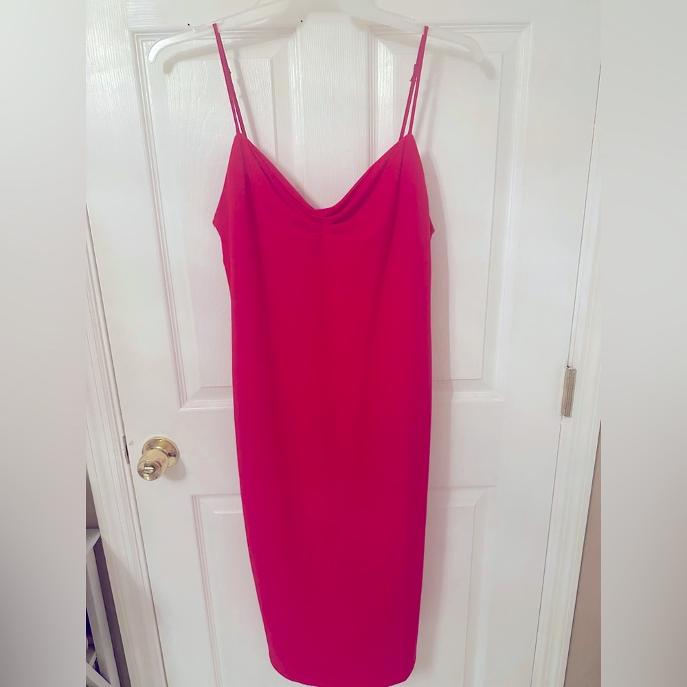 Zara Sheath Ruched Midi Dress Pink Spaghetti Straps Crepe V-Neck